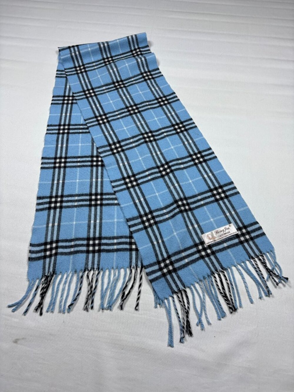 VTG Rong Jia 100% Inner Mongolia Cashmere Scarf Blue Plaid Check Fringed Soft